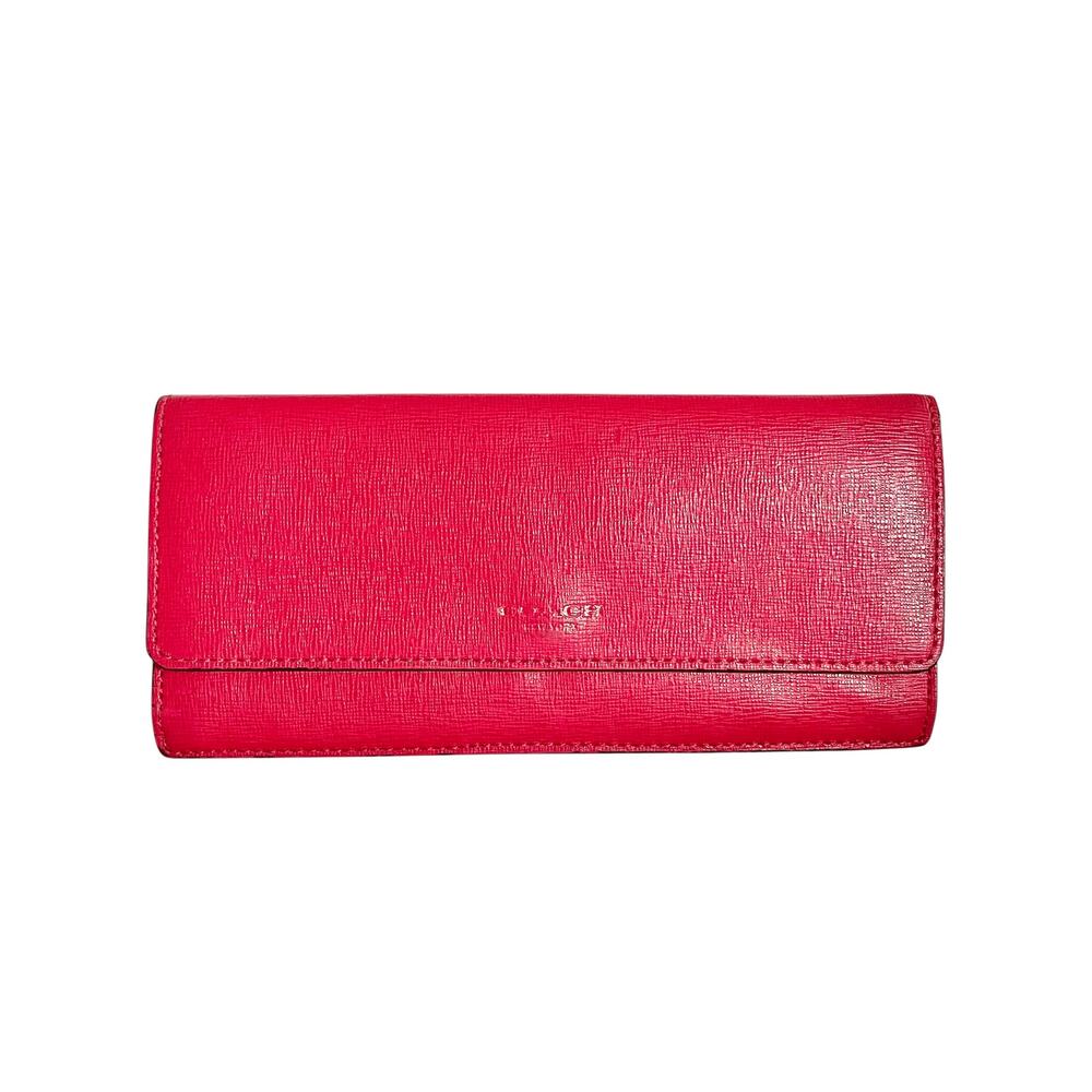 Coach Scarlet Pink Saffiano Leather Slim Soft Wallet #F49350